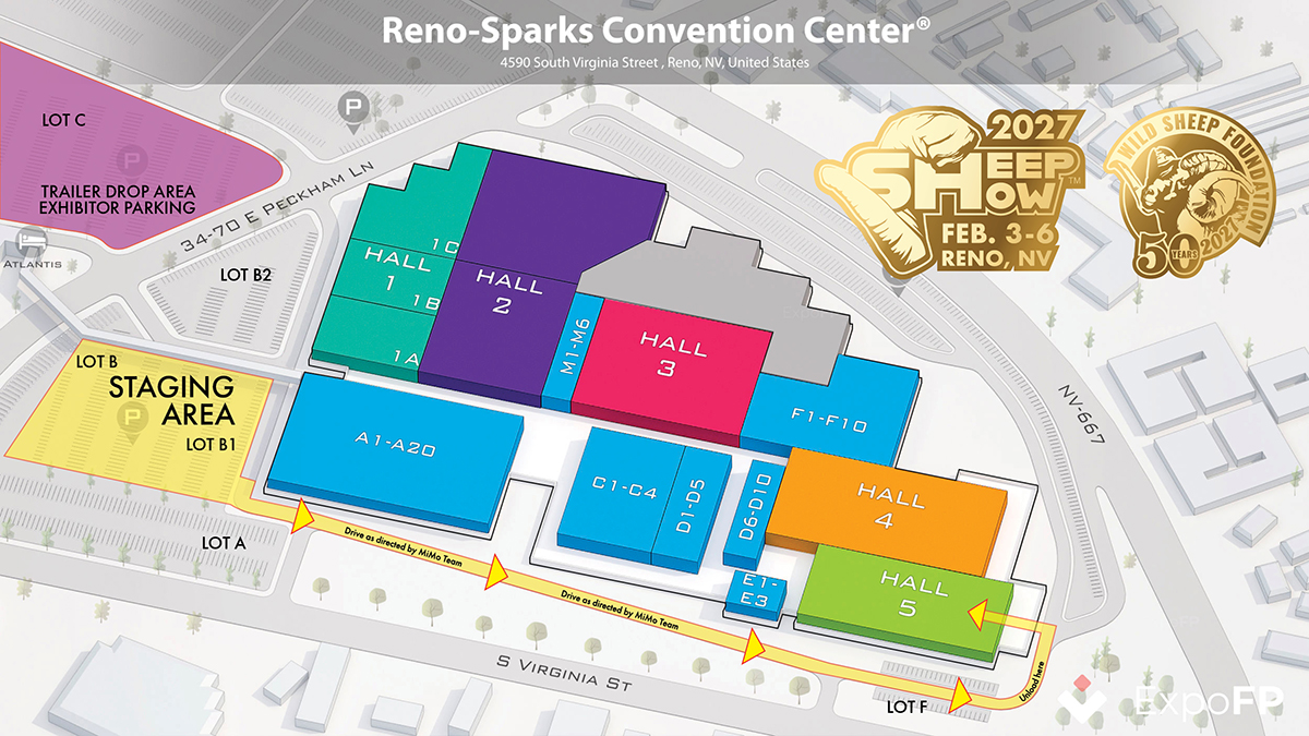 Map of Reno Convention Center showing Move-in Move-out traffic flow for Sheep Show